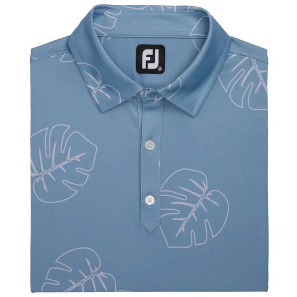FootJoy Jungle Leaf Print Lisle Self Collar Golf Polo Denim/Dusty Purple XL